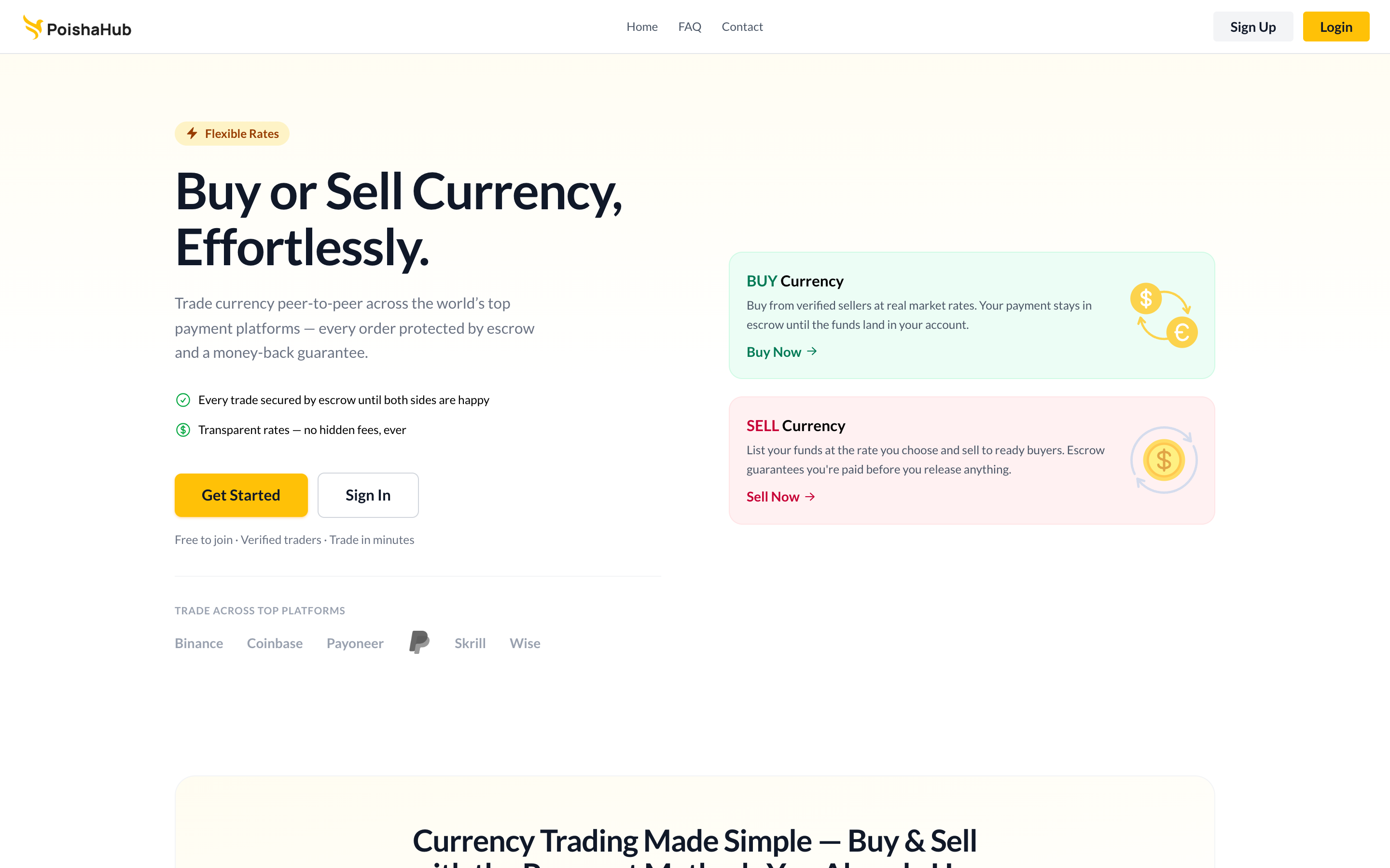 PoisaHub homepage — buy & sell currency